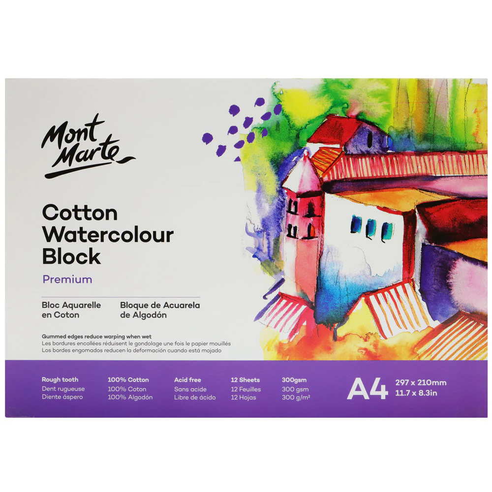 Mont Marte Premium A4 300gsm Cotton Watercolour Block - 12 Sheets