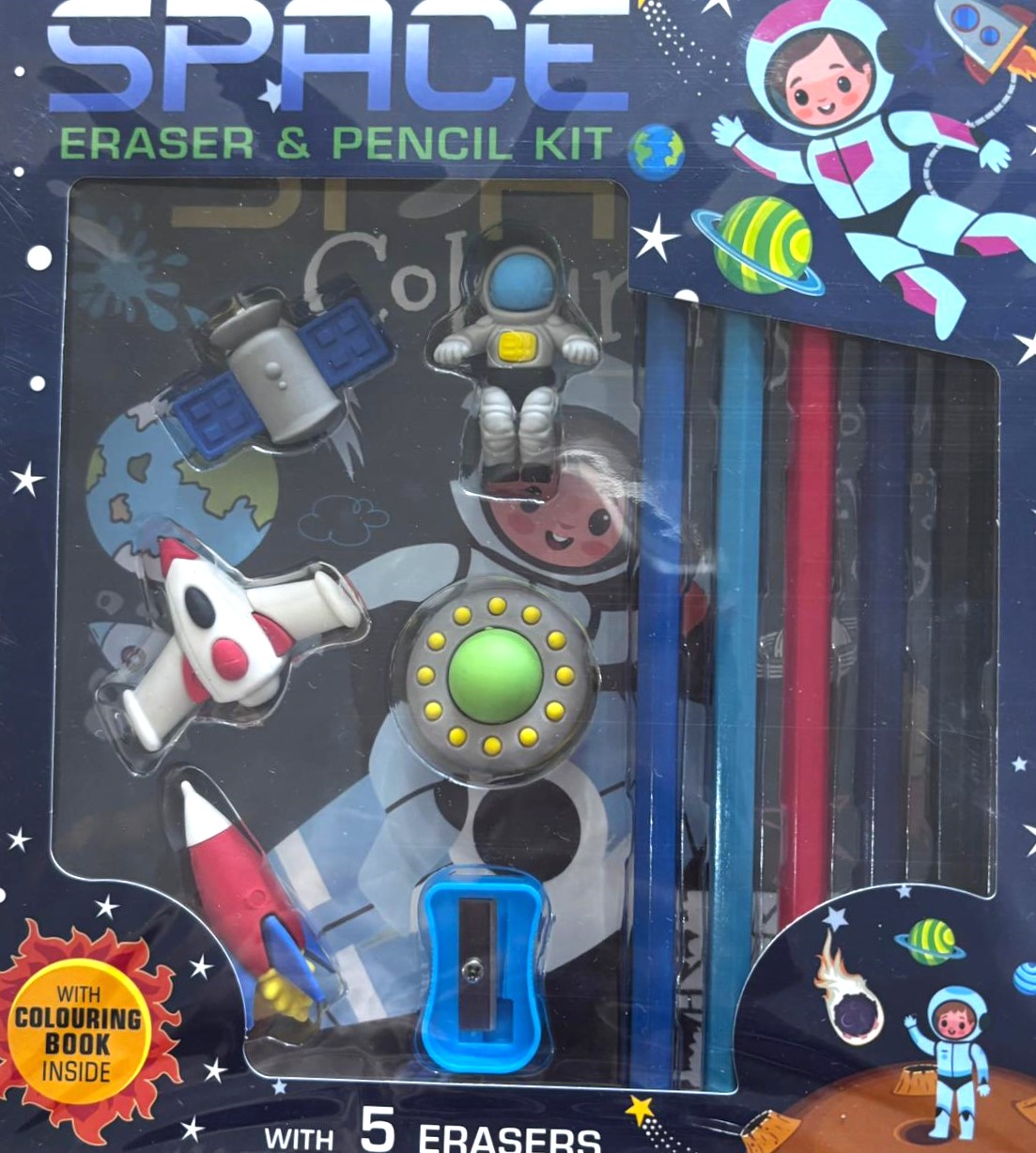 Space Eraser & Pencil Kit with Colouring Book Inside 