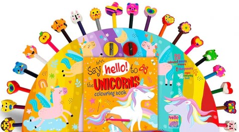 Say Hello To the Unicorns Colouring Book 20 Coloured Pencil with Erasers 2 Sharpeners 48  Pages