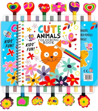 Cute Animals Colouring Book 12 Erasers and Coloured Pencils 16 Pages
