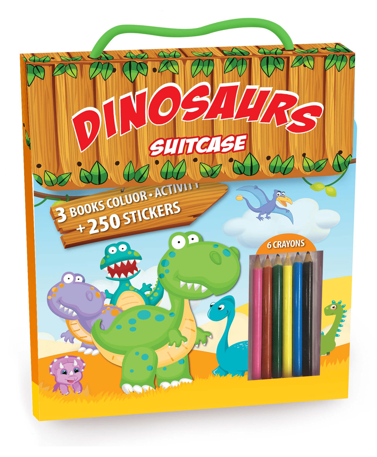Dinosaurs Suitcase (3 Books Colour Activity Sticker +250 Stickers - 6 Crayons)
